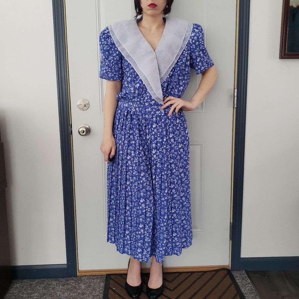 80s Blue and White Floral Print‎ Day Dress